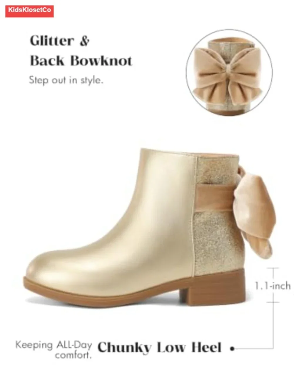 Girls Glitter Ankle Boots Faux Suede Leather Low Chunky Heel Bow Zip Dress